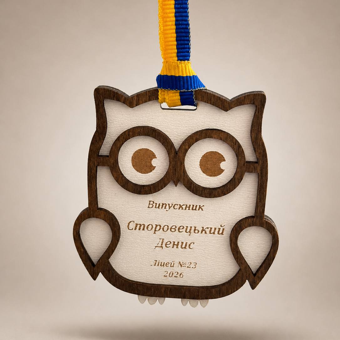 Graduation medal with ribbon, Owl 110×70 mm, Yew