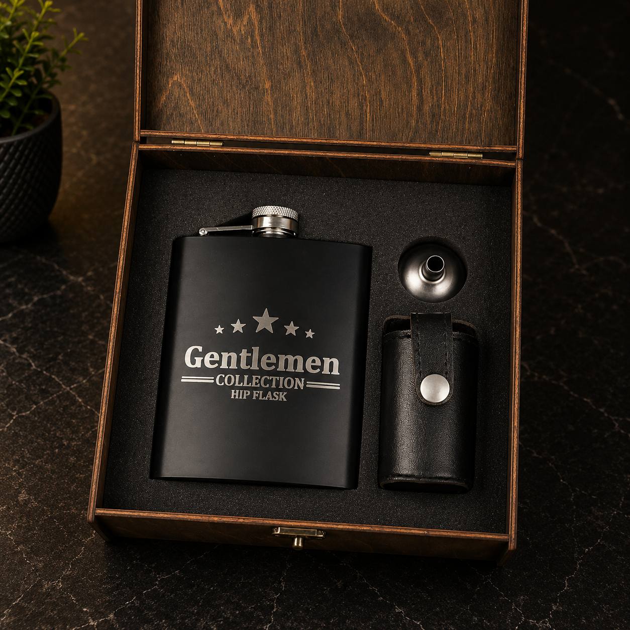 Engraved hip flask set with shot cups and funnel
