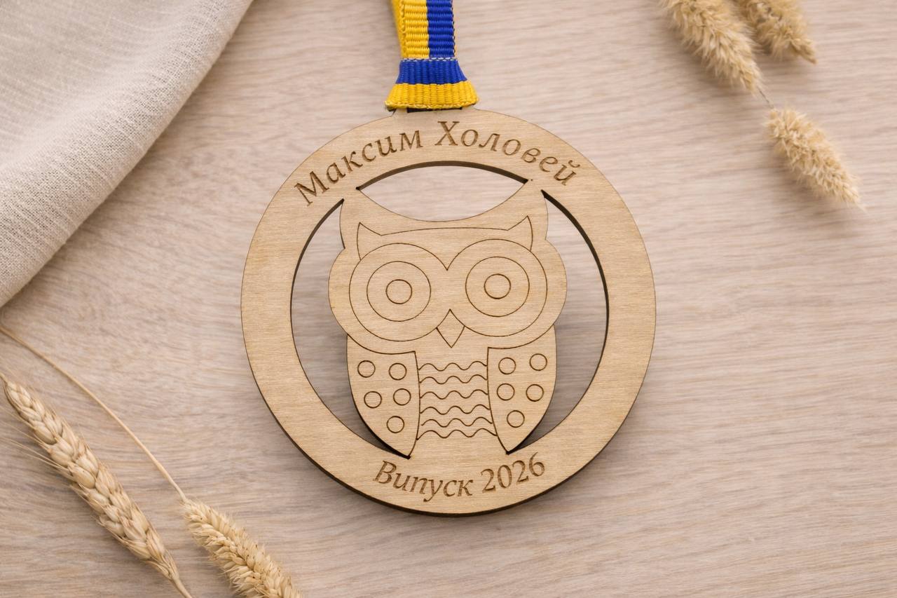 Graduation medal with ribbon, Owl 80×80 mm