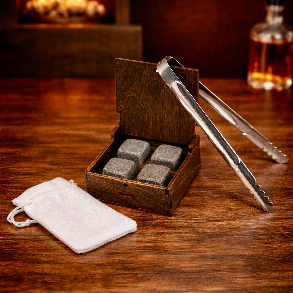 Whisky stones in a wooden box, 4 pcs