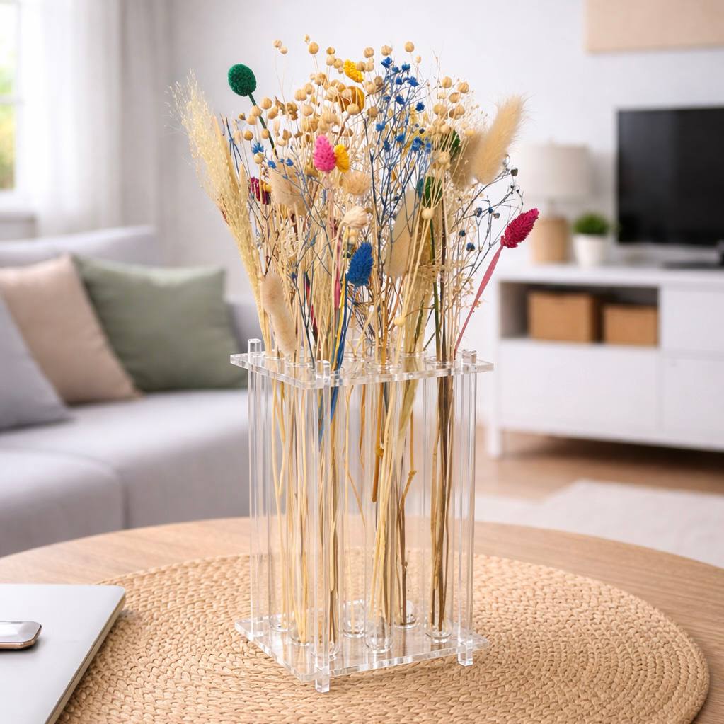 Clear vase, 9 tubes