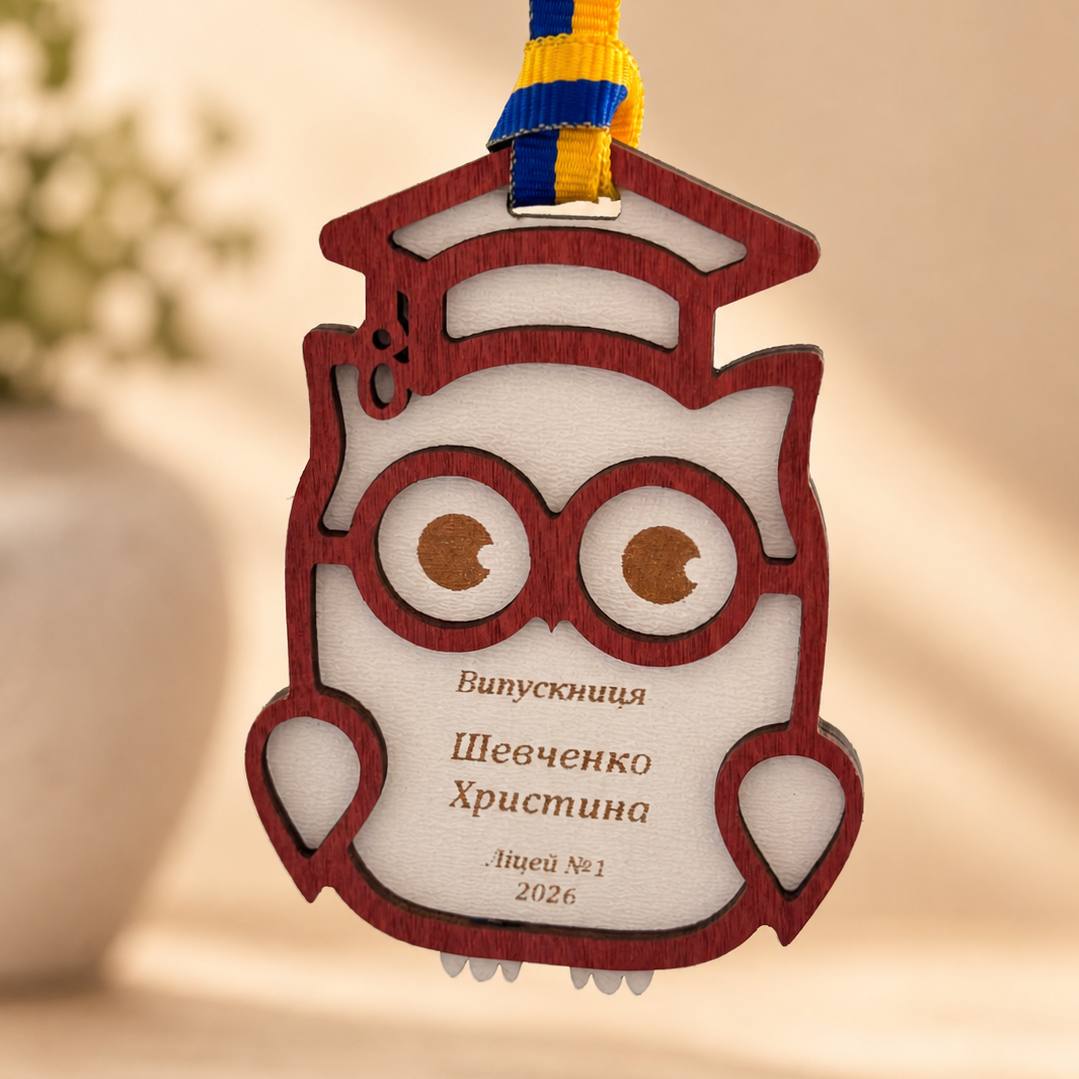 Graduation medal with ribbon, Owl 110×70 mm, Cherry