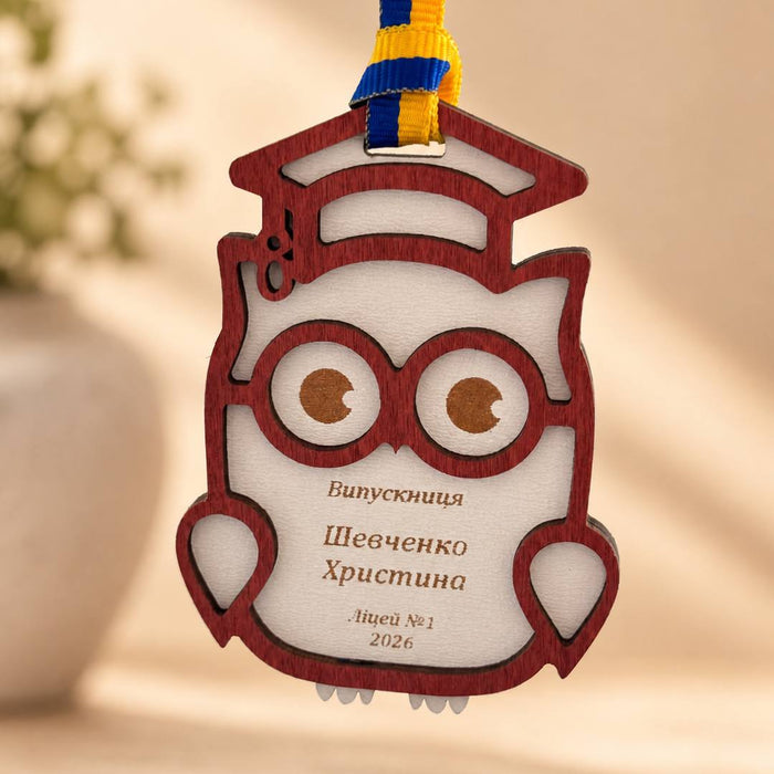 Graduation medal with ribbon, Owl 110×70 mm, Cherry