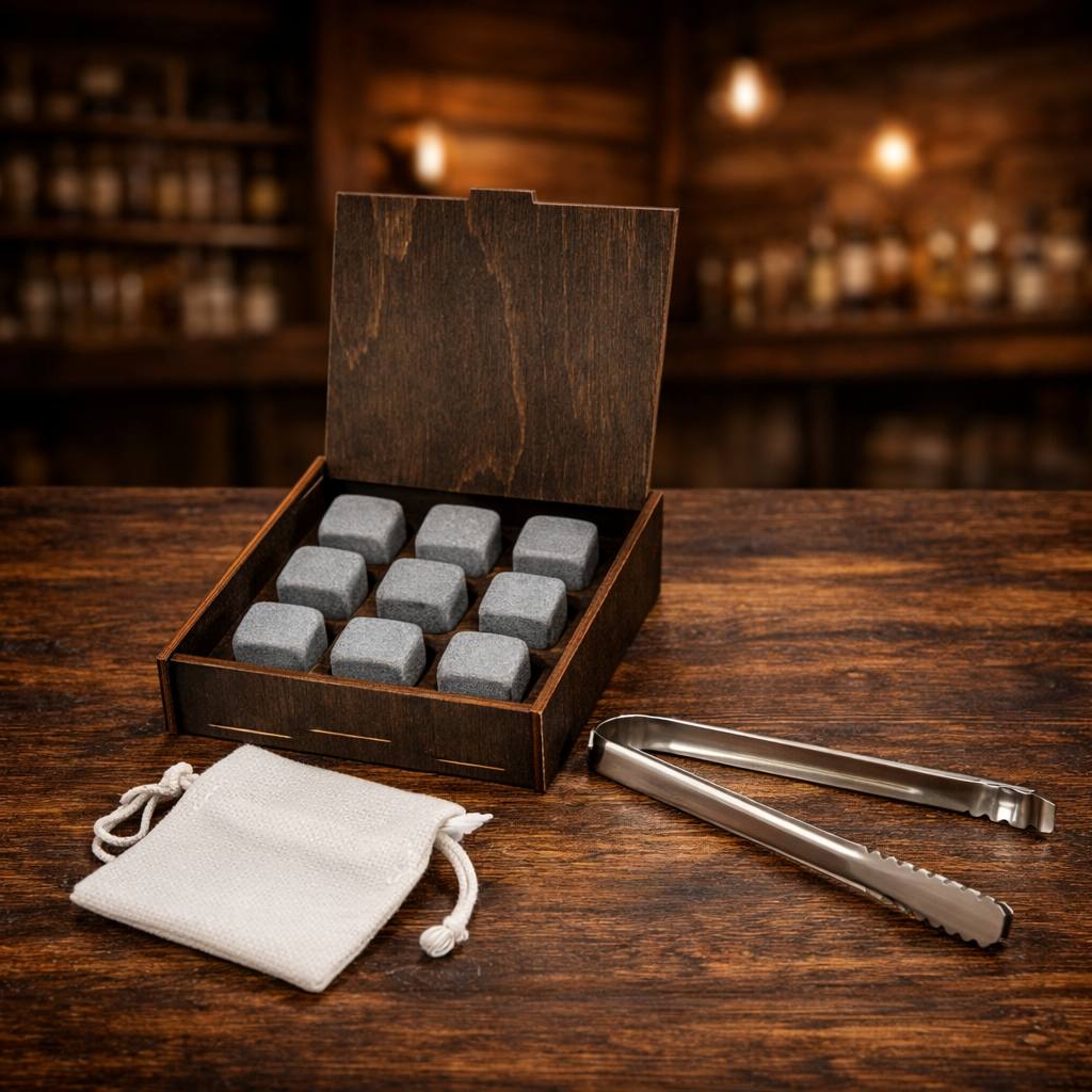 Whisky stones in a wooden box, 9 pcs