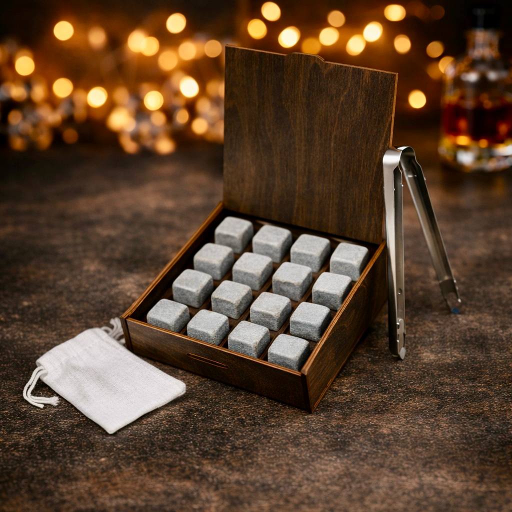 Whisky stones in a wooden box, 16 pcs