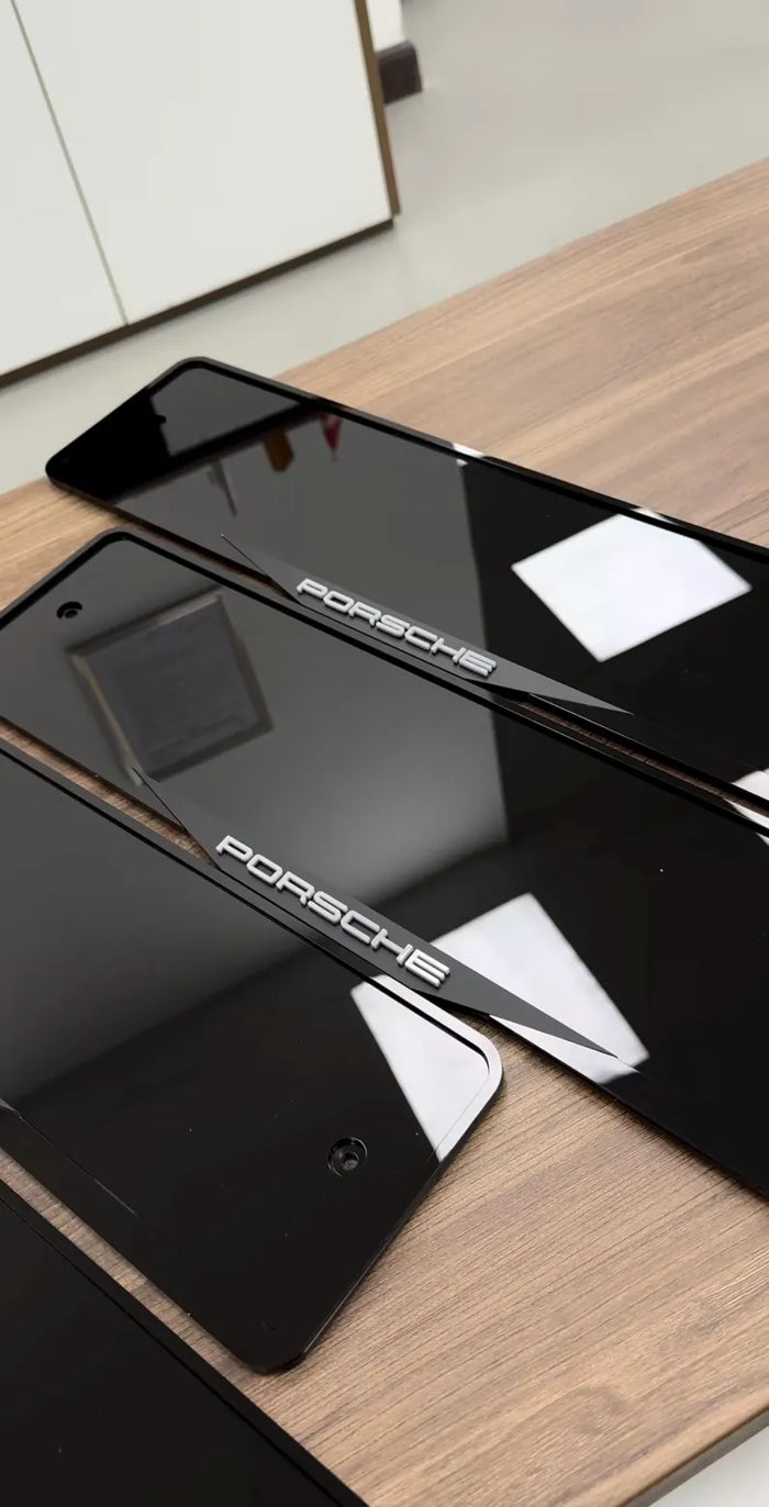 Blade-cut plate frame with custom 3D text — pair