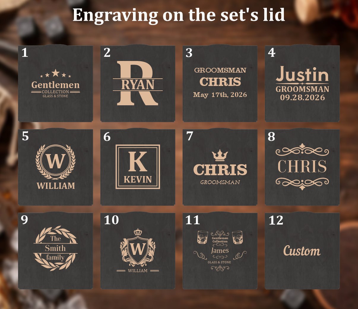 Engraving designs for the set's lid - 12 options